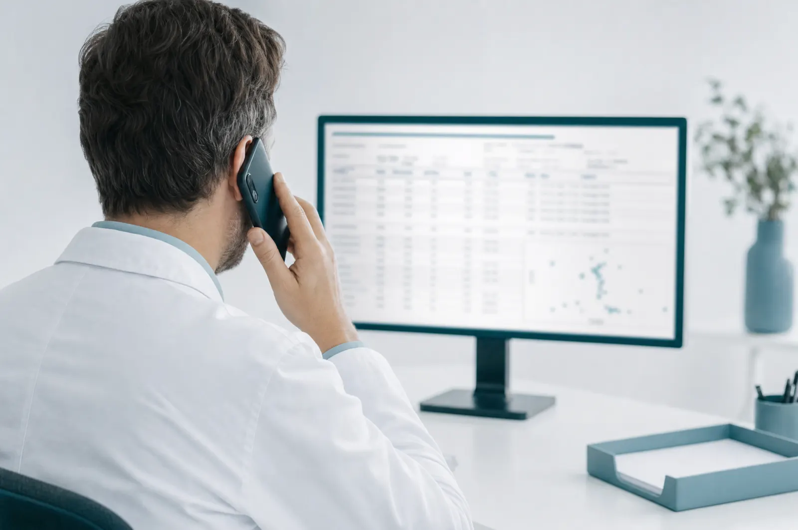 Person telefoniert vor einem Monitor mit Laborbefund